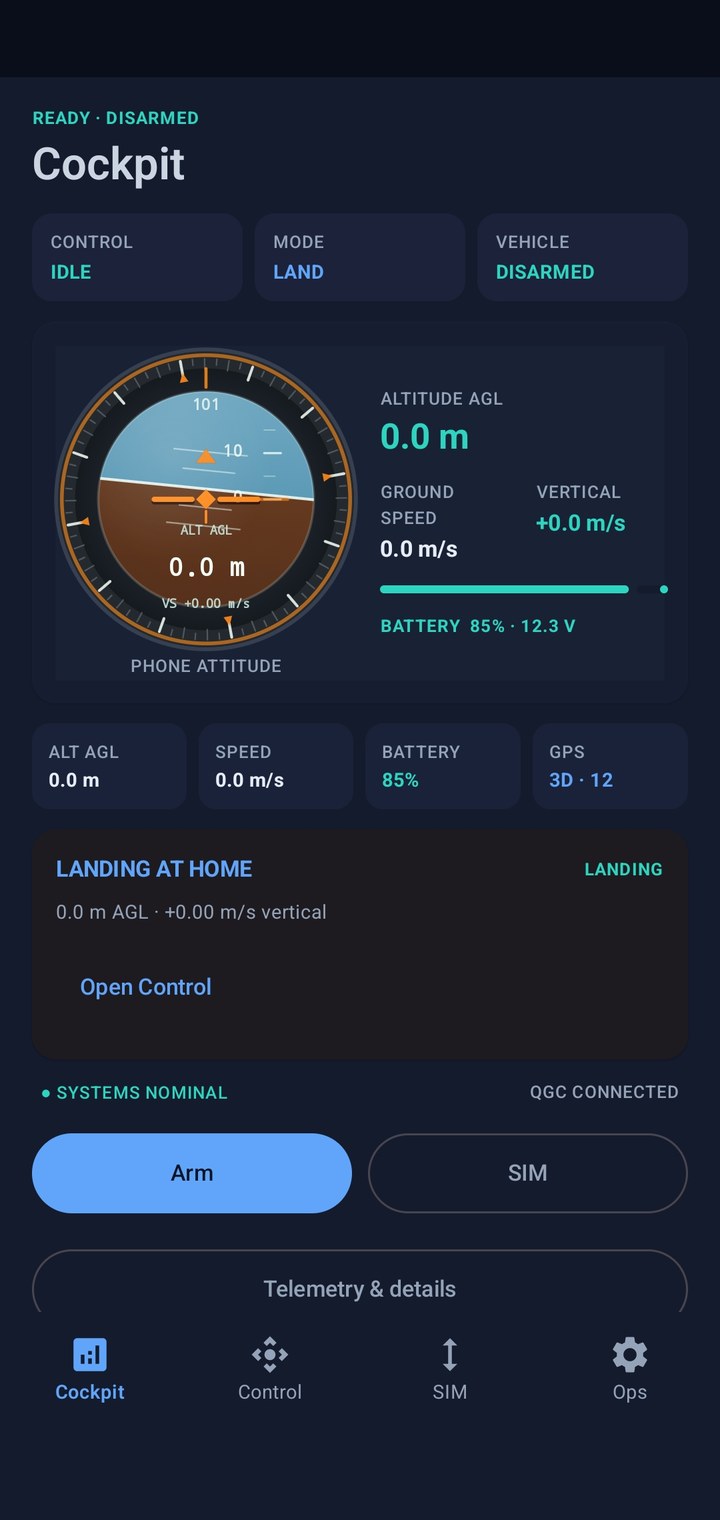 MAVLab app Flight Cockpit screen showing the attitude indicator, battery and GPS status, MAVLink link state, and current mission awareness.