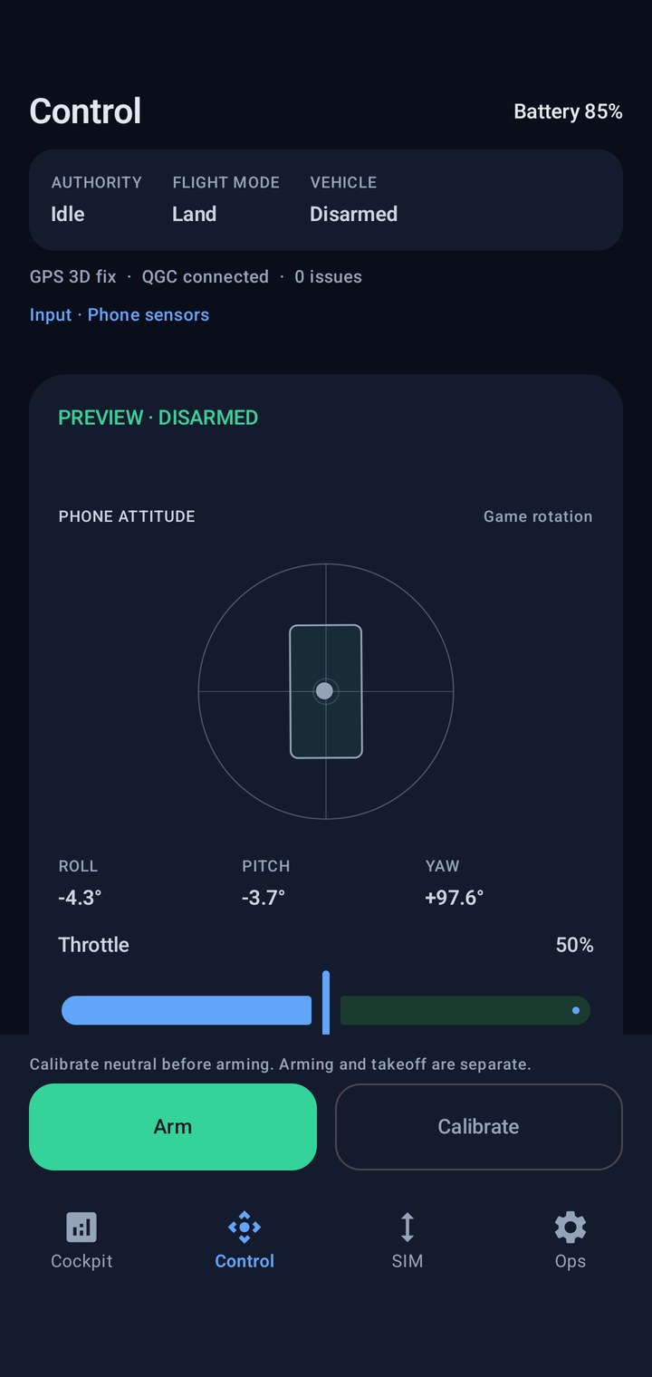 MAVLab Control showing a disarmed phone-sensor input preview.