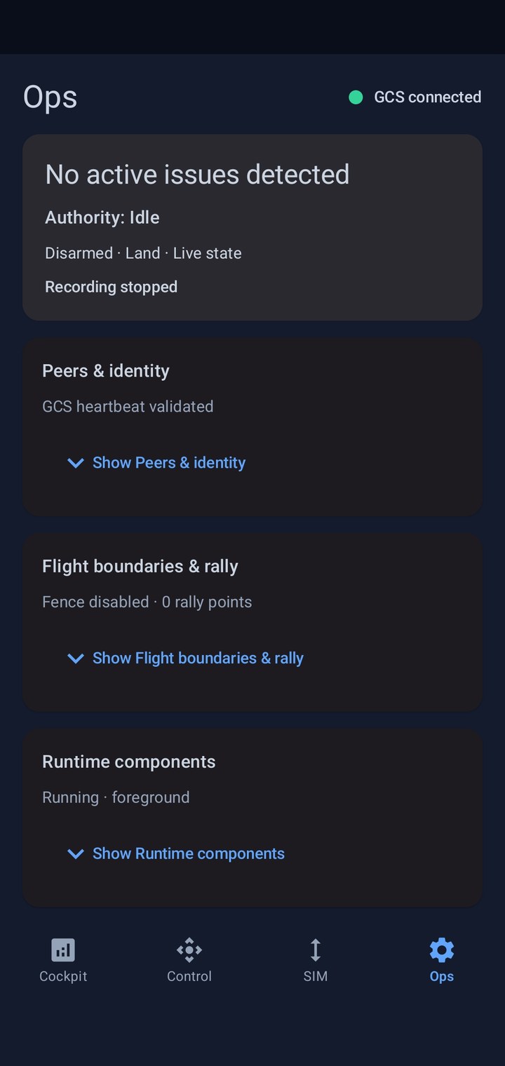 MAVLab Ops showing a connected GCS, recording stopped, fencing disabled and zero rally points.