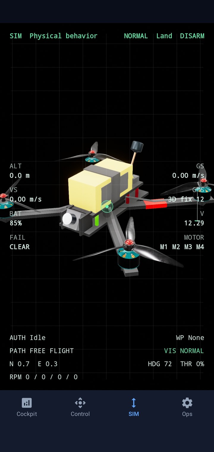 MAVLab SIM view showing the 3D drone model and live physical state.